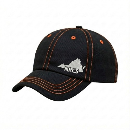 USA-made 6U Black-Blaze Orange Polycotton Twill baseball cap, decorated view, manufactured in Newark NJ
