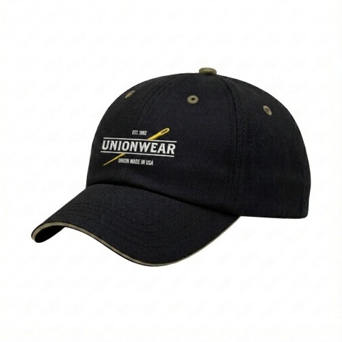 USA-made 6U Black-Khaki Polycotton Twill baseball cap, decorated view, manufactured in Newark NJ