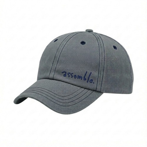 USA-made 6U Light Gray-Navy Polycotton Twill baseball cap, decorated view, manufactured in Newark NJ