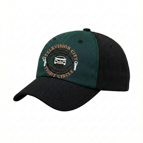 USA-made 6U Hunter Green-Black Domestic Twill baseball cap, decorated view, manufactured in Newark NJ