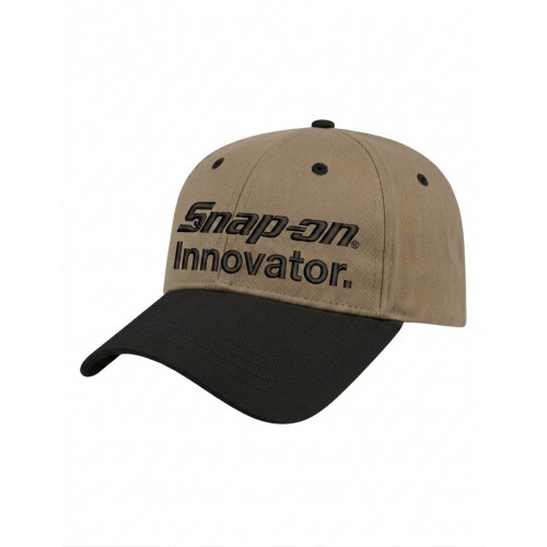 USA-made 6L Khaki-Black Organic Twill baseball cap, decorated view, manufactured in Newark NJ