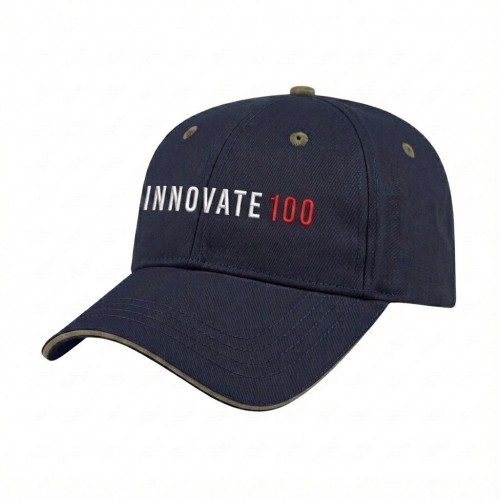 USA-made 6L Navy-Khaki Organic Twill baseball cap, decorated view, manufactured in Newark NJ