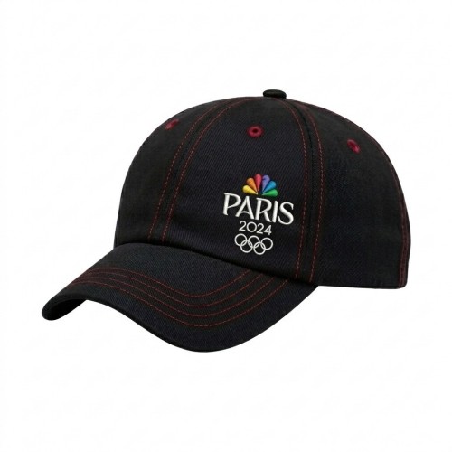 USA-made 6U Black-Red Organic Twill baseball cap, decorated view, manufactured in Newark NJ