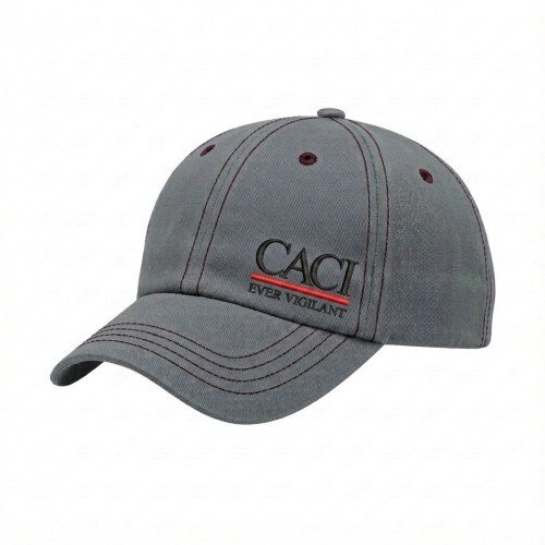 USA-made 6U Light Gray-Burgundy Organic Twill baseball cap, decorated view, manufactured in Newark NJ
