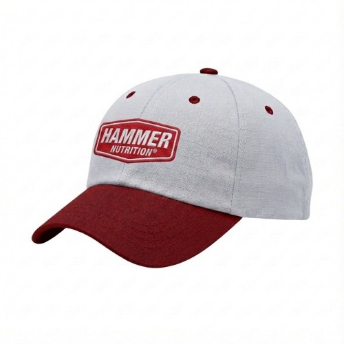 USA-made 6U White-Red Ripstop baseball cap, decorated view, manufactured in Newark NJ
