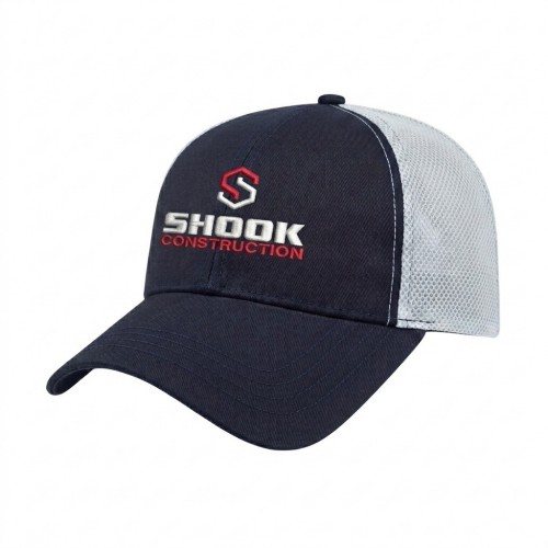USA-made 6L Navy-White Chino baseball cap, decorated view, manufactured in Newark NJ