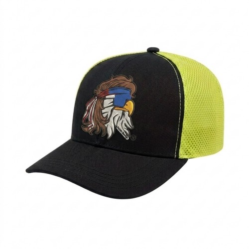 USA-made 6S Black-Safety Green Chino baseball cap, decorated view, manufactured in Newark NJ