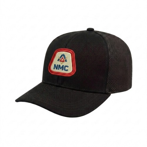 USA-made 6S Black Chino baseball cap, decorated view, manufactured in Newark NJ