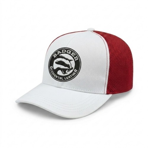 USA-made 6S White-Red Chino baseball cap, decorated view, manufactured in Newark NJ