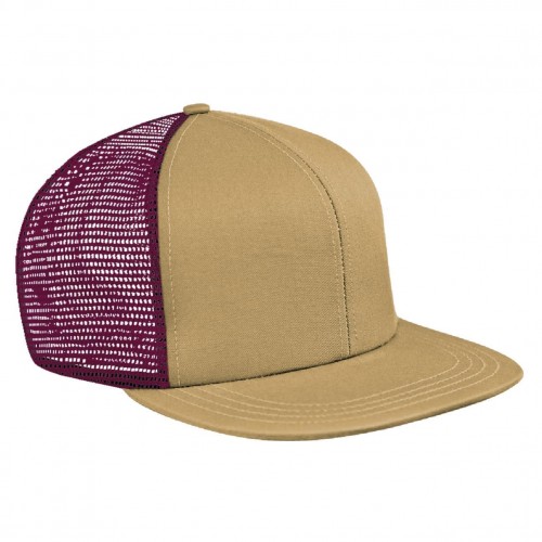 Khaki-Burgundy Meshback Velcro Flat Brim