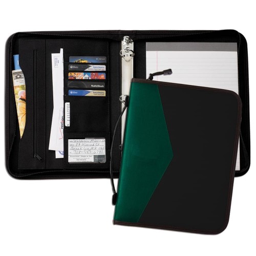 Tribeca Dual Tone 1" Zipper Ring Binder with Handle-600 Denier Nylon and Faux Leather Vinyl-Black / Hunter Green