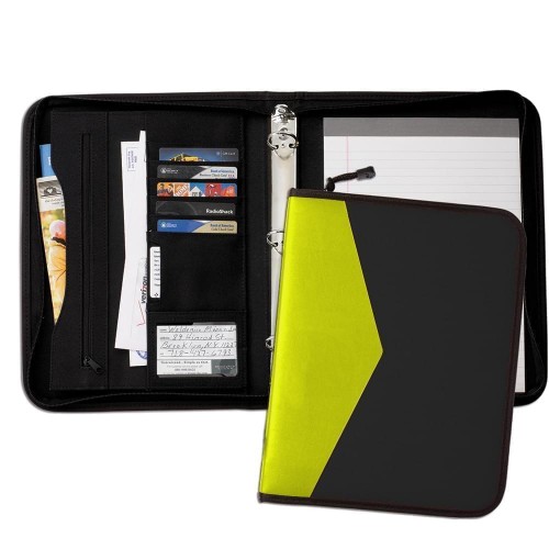 Tribeca Dual Tone 1" Zipper Ring Binder-600 Denier Nylon and Faux Leather Vinyl-Black / Lime