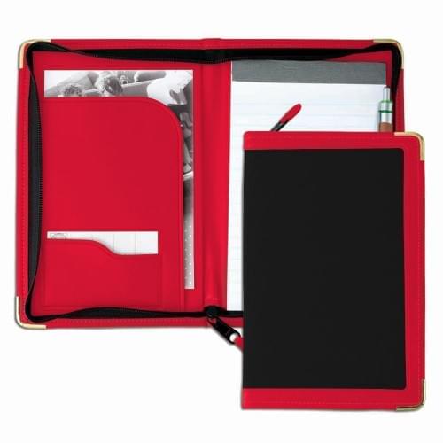 Edge Embroidered Junior Zipper Folder-600 Denier Nylon and Faux Leather Vinyl-Black / Red