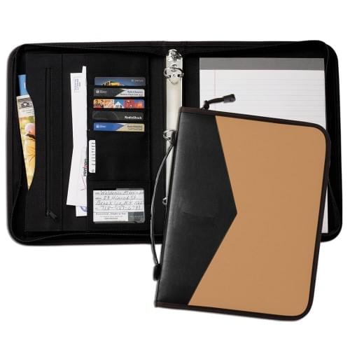 Tribeca Dual Tone 1" Zipper Ring Binder with Handle-Matte-Black / Tan
