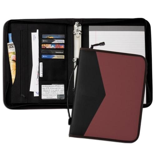 Tribeca Dual Tone 1" Zipper Ring Binder with Handle-600 Denier Nylon and Faux Leather Vinyl-Burgundy / Black