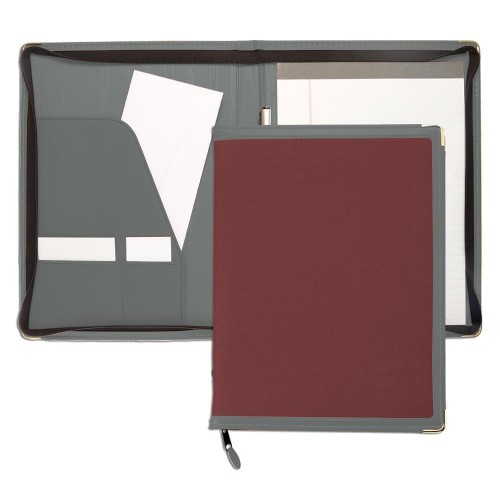 Edge Embroidered Letter Zipper Folder-600 Denier Nylon and Faux Leather Vinyl-Burgundy / Grey