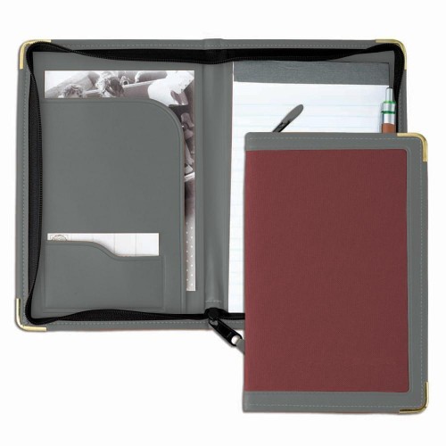 Edge Embroidered Junior Zipper Folder-600 Denier Nylon and Faux Leather Vinyl-Burgundy / Grey