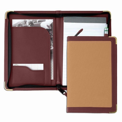 Edge Embroidered Junior Zipper Folder-Matte-Burgundy / Tan
