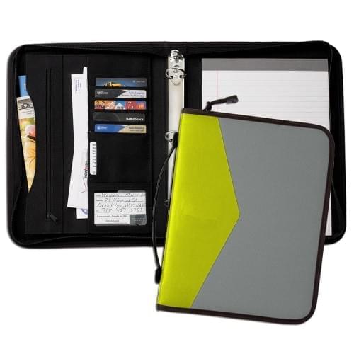 Tribeca Dual Tone 1" Zipper Ring Binder with Handle-600 Denier Nylon and Faux Leather Vinyl-Grey / Lime