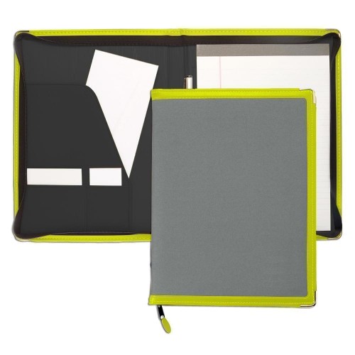 Edge Embroidered Letter Zipper Folder-600 Denier Nylon and Faux Leather Vinyl-Grey / Lime