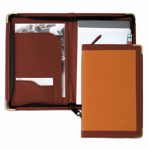 Edge Embroidered Junior Zipper Folder-600 Denier Nylon and Faux Leather Vinyl-Khaki / Brown