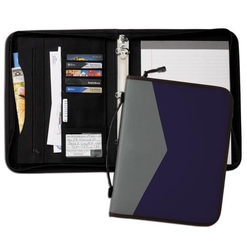Tribeca Dual Tone 1" Zipper Ring Binder with Handle-600 Denier Nylon and Faux Leather Vinyl-Navy / Grey