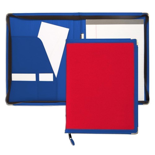 Edge Embroidered Letter Zipper Folder-600 Denier Nylon and Faux Leather Vinyl-Red / Royal Blue