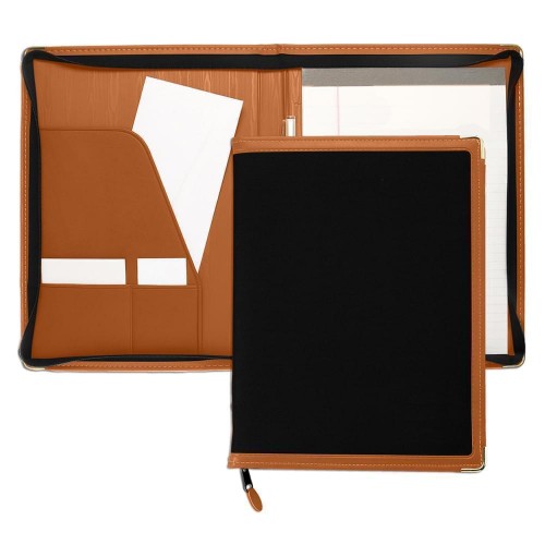 Edge Embroidered Letter Zipper Folder-Matte-Tan / Black
