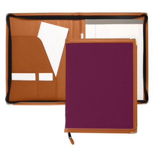 Edge Embroidered Letter Zipper Folder-Matte-Tan / Burgundy