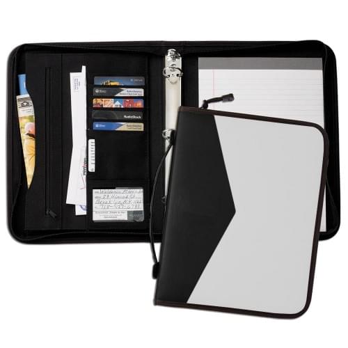 Tribeca Dual Tone 1" Zipper Ring Binder with Handle-600 Denier Nylon and Faux Leather Vinyl-White / Black