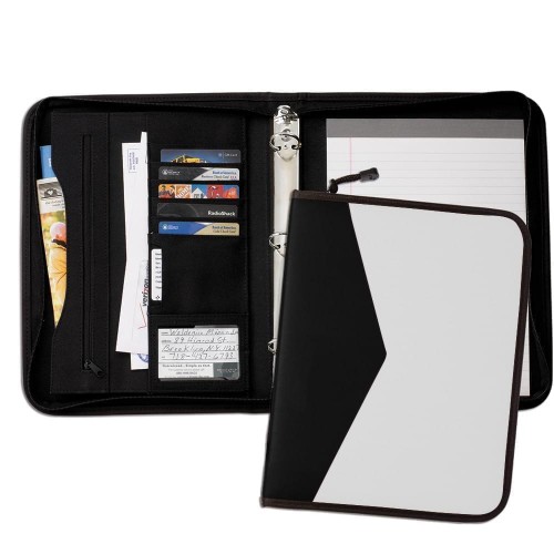Tribeca Dual Tone 1" Zipper Ring Binder-600 Denier Nylon and Faux Leather Vinyl-White / Black