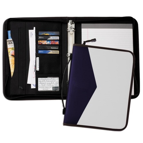 Tribeca Dual Tone 1" Zipper Ring Binder with Handle-600 Denier Nylon and Faux Leather Vinyl-White / Navy