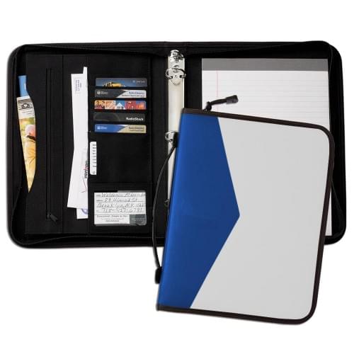 Tribeca Dual Tone 1" Zipper Ring Binder with Handle-600 Denier Nylon and Faux Leather Vinyl-White / Royal Blue