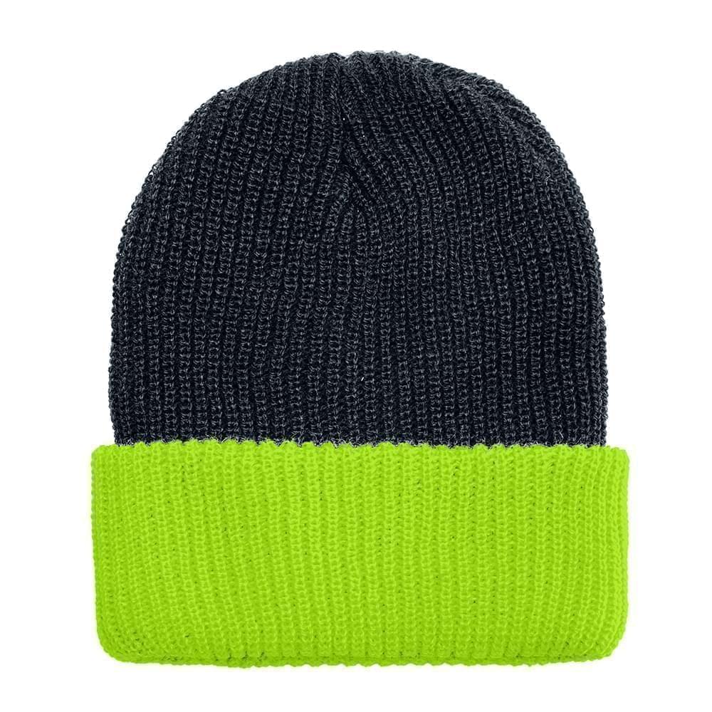 USA Made Knit Cuff Hat Black Safety Green,  99C244-BLK-SGR