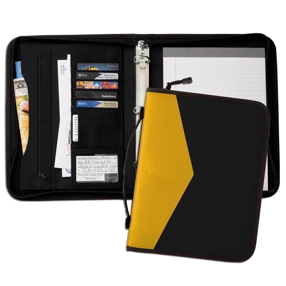 Tribeca Dual Tone 1" Zipper Ring Binder with Handle-600 Denier Nylon and Faux Leather Vinyl-Black / Gold