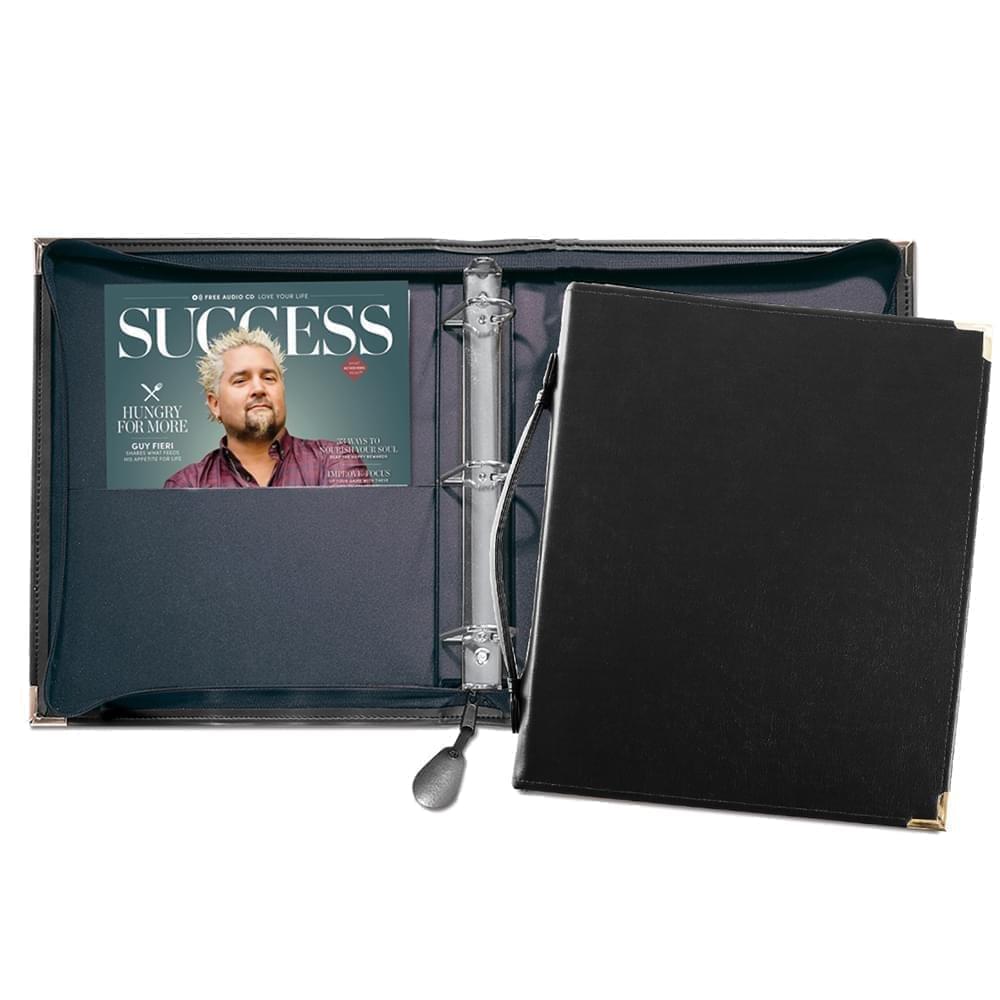 Zippered 1 1/2" D-Ring Binder with Strap-Faux Leather Vinyl-Black