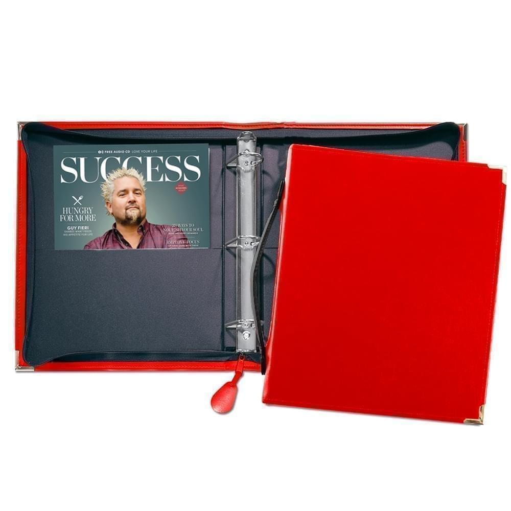 Zippered 1 1/2" D-Ring Binder with Strap-Faux Leather Vinyl-Red