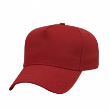 USA-made 5L Red Chino baseball cap, 3q view, manufactured in Newark NJ