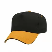 USA-made 5L Black-Athletic Gold Chino baseball cap, 3q view, manufactured in Newark NJ