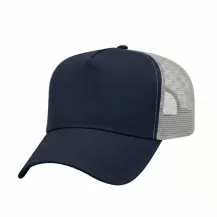 USA-made 5L Navy-White Polycotton Twill baseball cap, 3q view, manufactured in Newark NJ