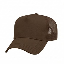 USA-made 5L Brown Polycotton Twill baseball cap, 3q view, manufactured in Newark NJ