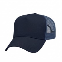 USA-made 5L Navy Polycotton Twill baseball cap, 3q view, manufactured in Newark NJ