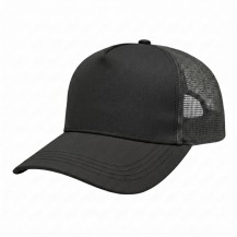 USA-made 5S Black Polycotton Twill baseball cap, 3q view, manufactured in Newark NJ