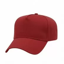 USA-made 5L Red Polycotton Twill baseball cap, 3q view, manufactured in Newark NJ