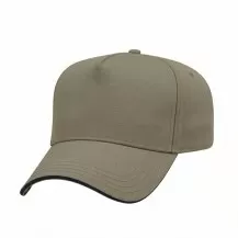 USA-made 5L Khaki-Navy Polycotton Twill baseball cap, 3q view, manufactured in Newark NJ