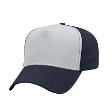 USA-made 5L White-Navy Polycotton Twill baseball cap, 3q view, manufactured in Newark NJ