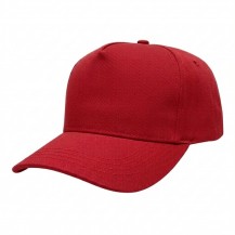 USA-made 5S Red Polycotton Twill baseball cap, 3q view, manufactured in Newark NJ