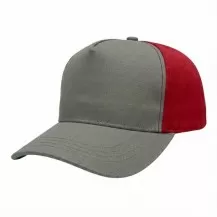 USA-made 5S Light Gray-Red Polycotton Twill baseball cap, 3q view, manufactured in Newark NJ