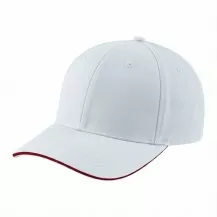 USA-made 6H White-Red Chino baseball cap, 3q view, manufactured in Newark NJ