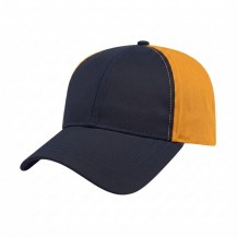 USA-made 6L Navy-Athletic Gold Chino baseball cap, 3q view, manufactured in Newark NJ